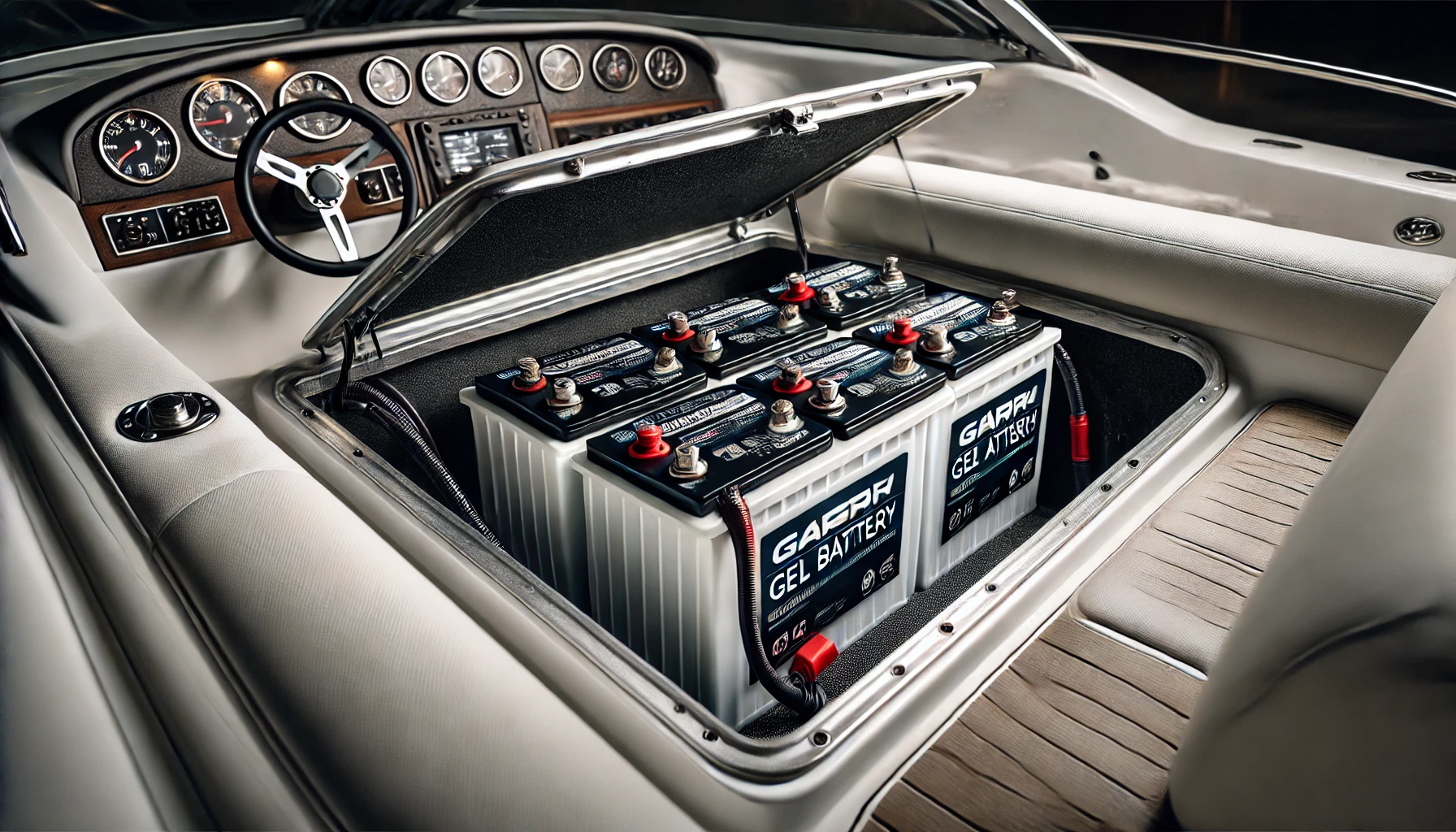 A close-up view of a boat's battery compartment with well-maintained gel batteries installed