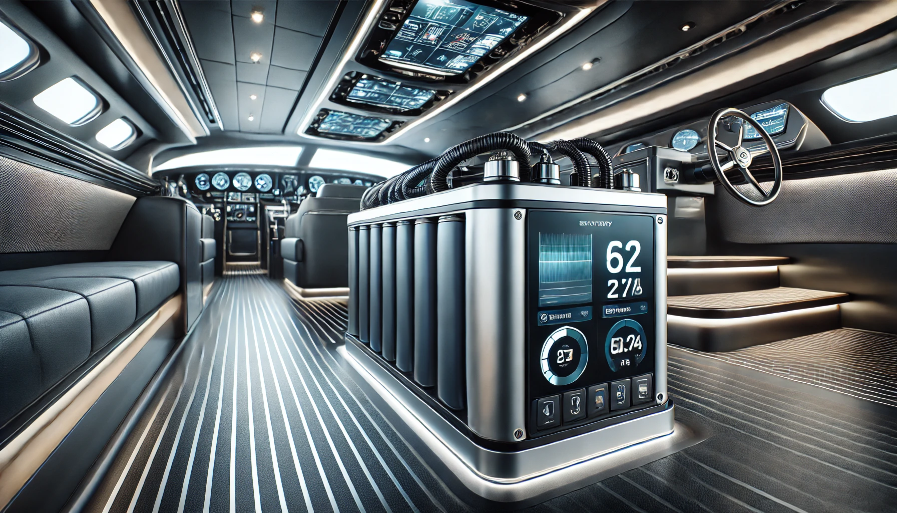 A close-up view of a lithium-ion battery installed in a yacht's engine room