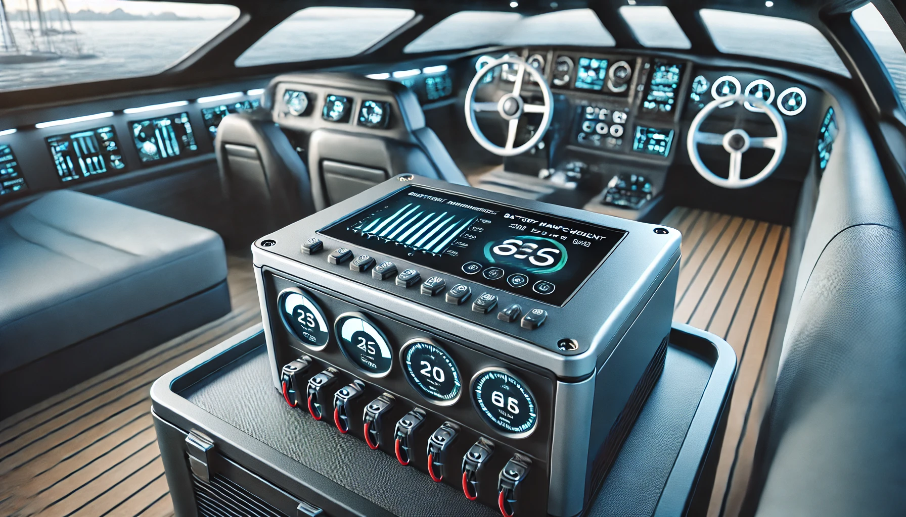 A close-up view of a modern Battery Management System (BMS) installed in a boat